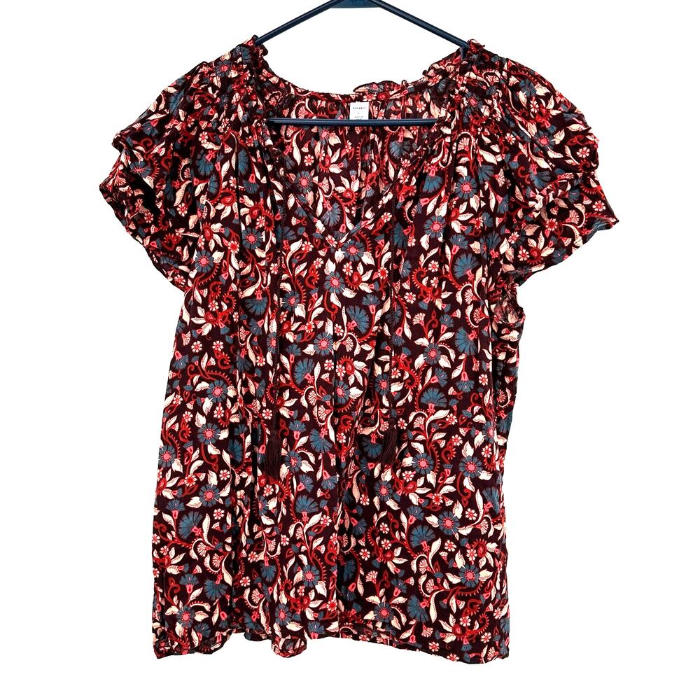 Old Navy Size Large Blouse Red Floral Babydoll Ruffle Ruched Tie Cottagecore